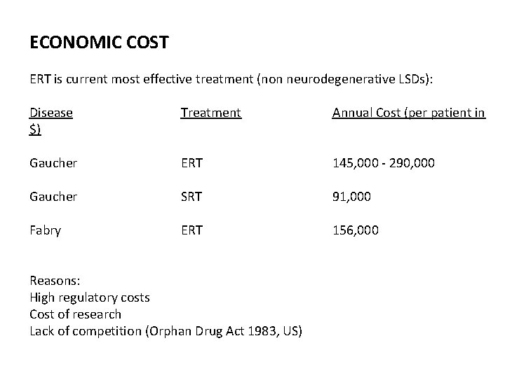 ECONOMIC COST ERT is current most effective treatment (non neurodegenerative LSDs): Disease $) Treatment