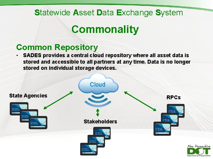 Statewide Asset Data Exchange System Commonality Common Repository • SADES provides a central cloud