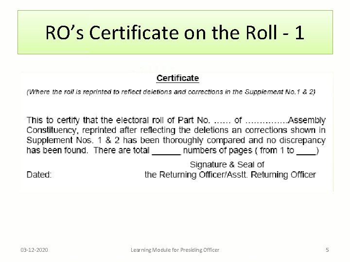 RO’s Certificate on the Roll - 1 03 -12 -2020 Learning Module for Presiding