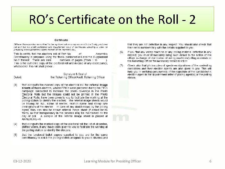 RO’s Certificate on the Roll - 2 03 -12 -2020 Learning Module for Presiding