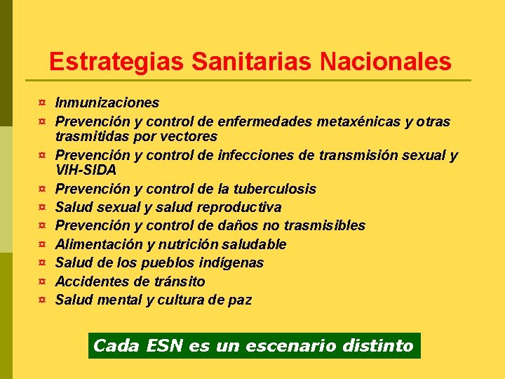 Estrategias Sanitarias Nacionales ¤ Inmunizaciones ¤ Prevención y control de enfermedades metaxénicas y otrasmitidas