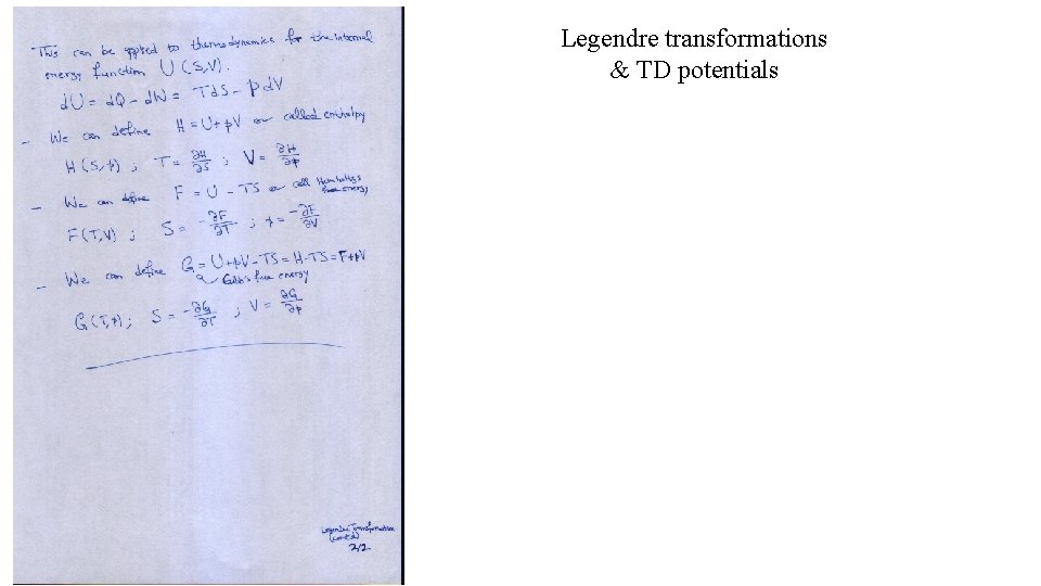Legendre transformations & TD potentials 