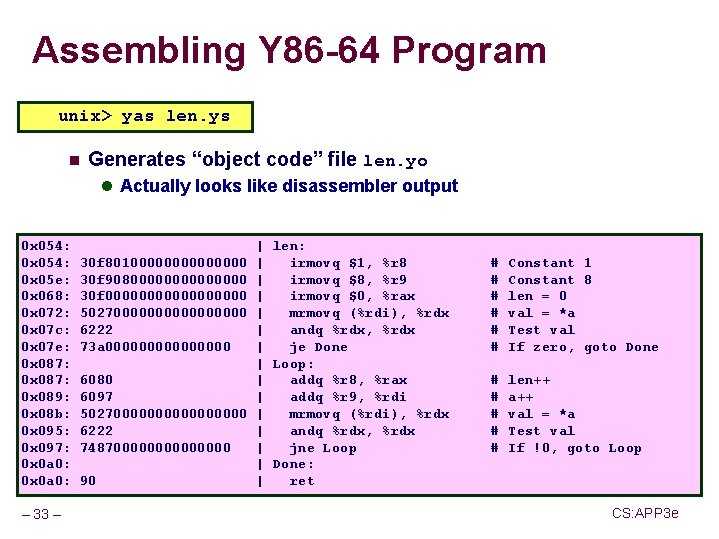 Assembling Y 86 -64 Program unix> yas len. ys n Generates “object code” file