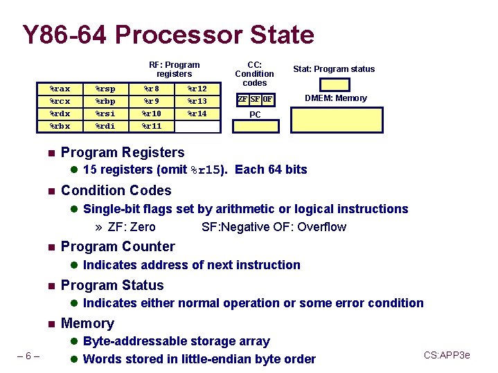 Y 86 -64 Processor State RF: Program registers %rax %rsp %r 8 %r 12