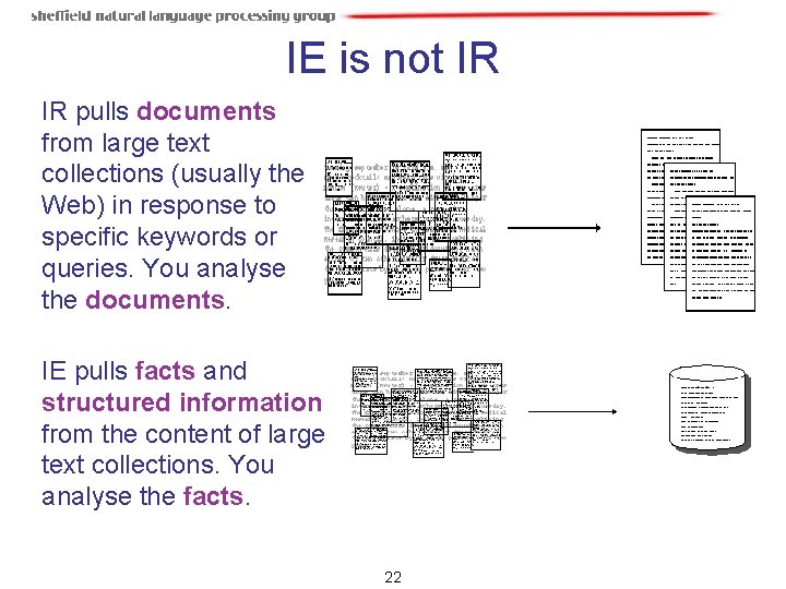 IE is not IR IR pulls documents from large text collections (usually the Web) IE is not IR IR pulls documents from large text collections (usually the Web)