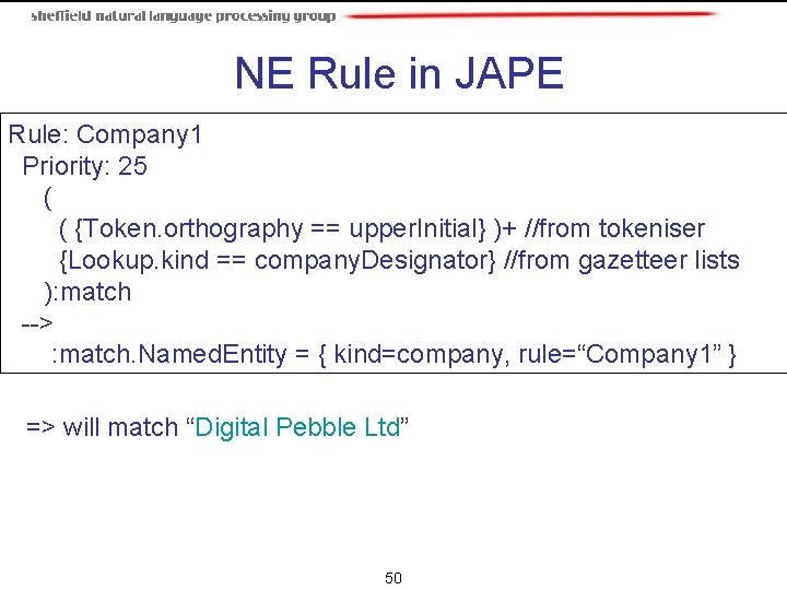 NE Rule in JAPE Rule: Company 1 Priority: 25 ( ( {Token. orthography == NE Rule in JAPE Rule: Company 1 Priority: 25 ( ( {Token. orthography ==