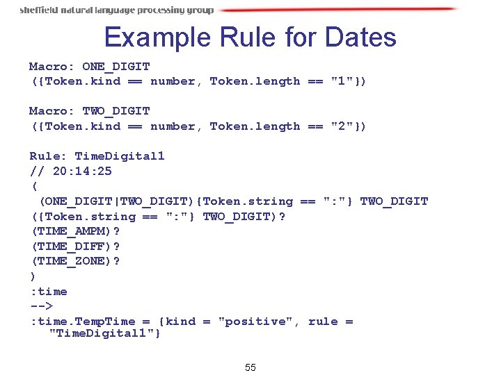 Example Rule for Dates Macro: ONE_DIGIT ({Token. kind == number, Token. length == "1"}) Example Rule for Dates Macro: ONE_DIGIT ({Token. kind == number, Token. length == "1"})