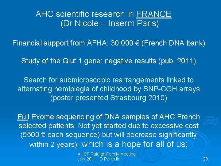  AHC scientific research in FRANCE (Dr Nicole – Inserm Paris) Financial support from