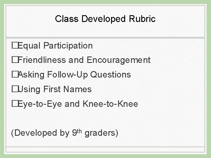 Class Developed Rubric �Equal Participation �Friendliness and Encouragement �Asking Follow-Up Questions �Using First Names