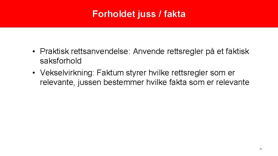 Forholdet juss / fakta • Praktisk rettsanvendelse: Anvende rettsregler på et faktisk saksforhold •