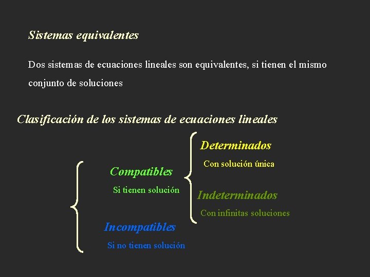 Sistemas equivalentes Dos sistemas de ecuaciones lineales son equivalentes, si tienen el mismo conjunto