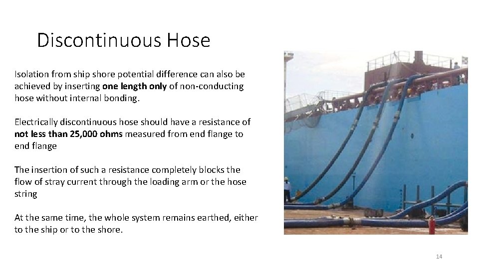 Discontinuous Hose Isolation from ship shore potential difference can also be achieved by inserting