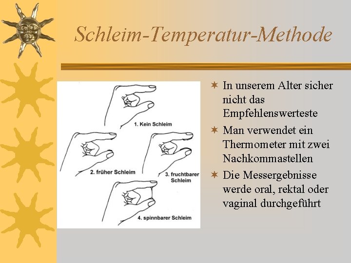 Schleim-Temperatur-Methode ¬ In unserem Alter sicher nicht das Empfehlenswerteste ¬ Man verwendet ein Thermometer Schleim-Temperatur-Methode ¬ In unserem Alter sicher nicht das Empfehlenswerteste ¬ Man verwendet ein Thermometer