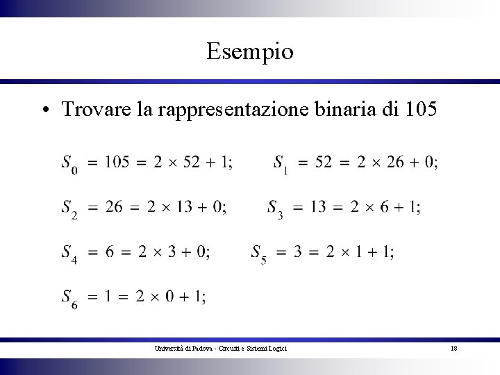 Esempio • Trovare la rappresentazione binaria di 105 Università di Padova - Circuiti e