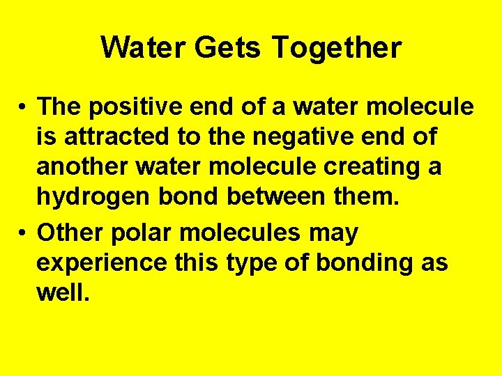 Water Gets Together • The positive end of a water molecule is attracted to