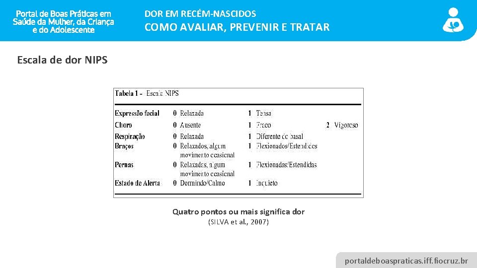 DOR EM RECÉM-NASCIDOS COMO AVALIAR, PREVENIR E TRATAR Escala de dor NIPS Quatro pontos