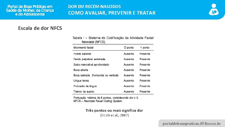 DOR EM RECÉM-NASCIDOS COMO AVALIAR, PREVENIR E TRATAR Escala de dor NFCS Três pontos