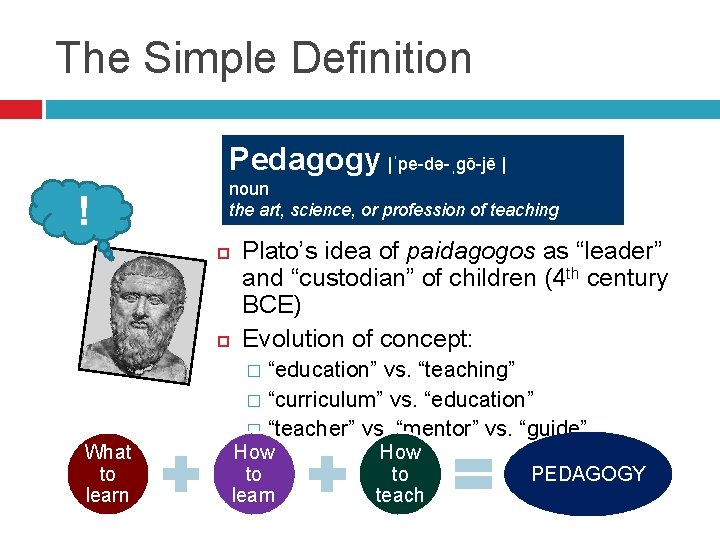 The Simple Definition Pedagogy |ˈpe-də-ˌgō-jē | ! noun the art, science, or profession of