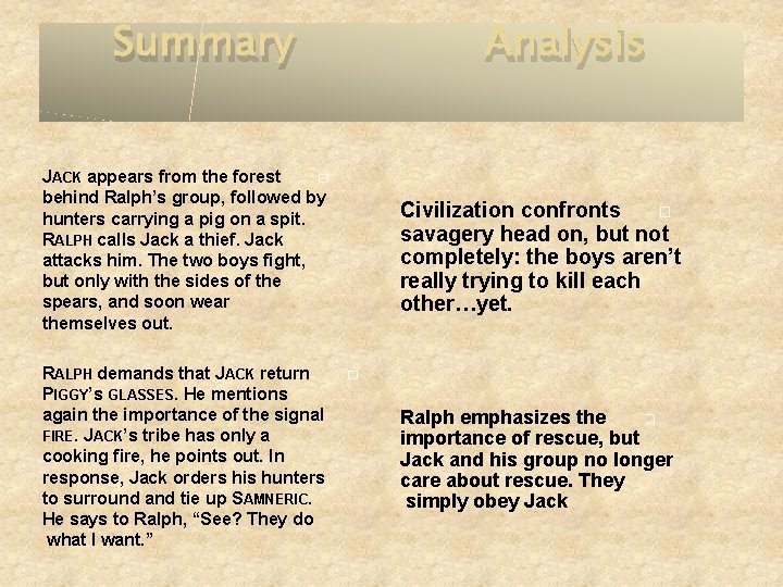 Summary Analysis JACK appears from the forest � behind Ralph’s group, followed by hunters Summary Analysis JACK appears from the forest � behind Ralph’s group, followed by hunters