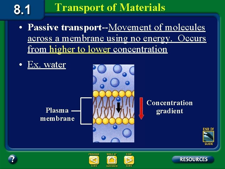 Transport of Materials • Passive transport--Movement of molecules across a membrane using no energy.