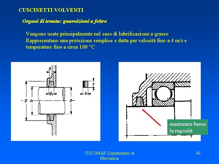 CUSCINETTI VOLVENTI Organi di tenuta: guarnizioni a feltro Vengono usate principalmente nel caso di CUSCINETTI VOLVENTI Organi di tenuta: guarnizioni a feltro Vengono usate principalmente nel caso di