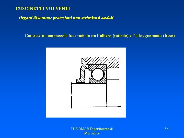 CUSCINETTI VOLVENTI Organi di tenuta: protezioni non striscianti assiali Consiste in una piccola luce CUSCINETTI VOLVENTI Organi di tenuta: protezioni non striscianti assiali Consiste in una piccola luce