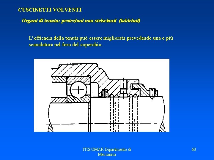 CUSCINETTI VOLVENTI Organi di tenuta: protezioni non striscianti (labirinti) L’efficacia della tenuta può essere CUSCINETTI VOLVENTI Organi di tenuta: protezioni non striscianti (labirinti) L’efficacia della tenuta può essere