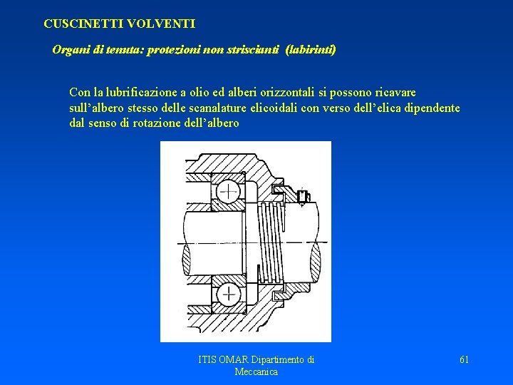 CUSCINETTI VOLVENTI Organi di tenuta: protezioni non striscianti (labirinti) Con la lubrificazione a olio CUSCINETTI VOLVENTI Organi di tenuta: protezioni non striscianti (labirinti) Con la lubrificazione a olio