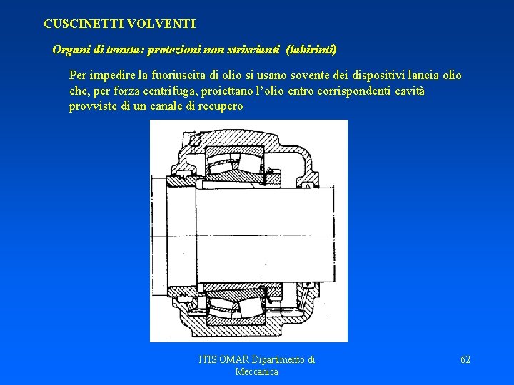 CUSCINETTI VOLVENTI Organi di tenuta: protezioni non striscianti (labirinti) Per impedire la fuoriuscita di CUSCINETTI VOLVENTI Organi di tenuta: protezioni non striscianti (labirinti) Per impedire la fuoriuscita di
