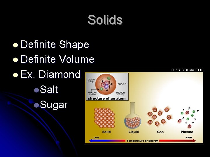 Solids l Definite Shape l Definite Volume l Ex. Diamond l. Salt l. Sugar