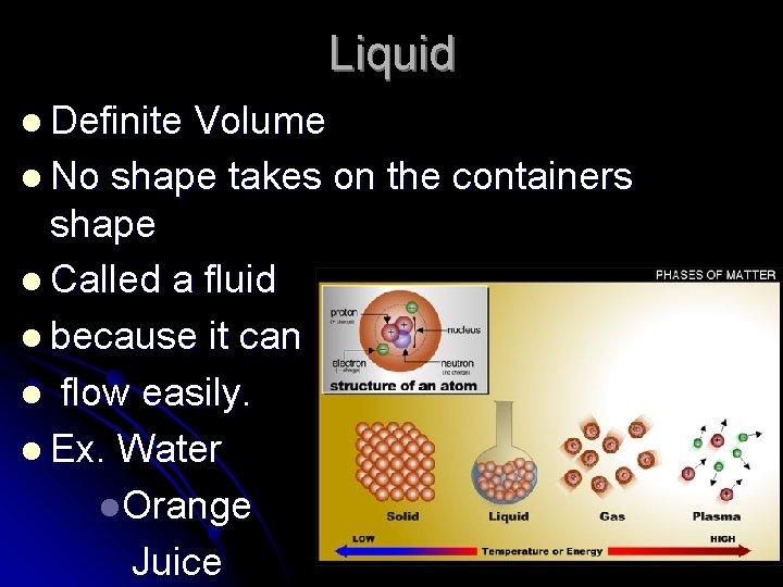 Liquid l Definite Volume l No shape takes on the containers shape l Called