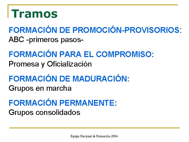 Tramos FORMACIÓN DE PROMOCIÓN-PROVISORIOS: ABC -primeros pasos. FORMACIÓN PARA EL COMPROMISO: Promesa y Oficialización