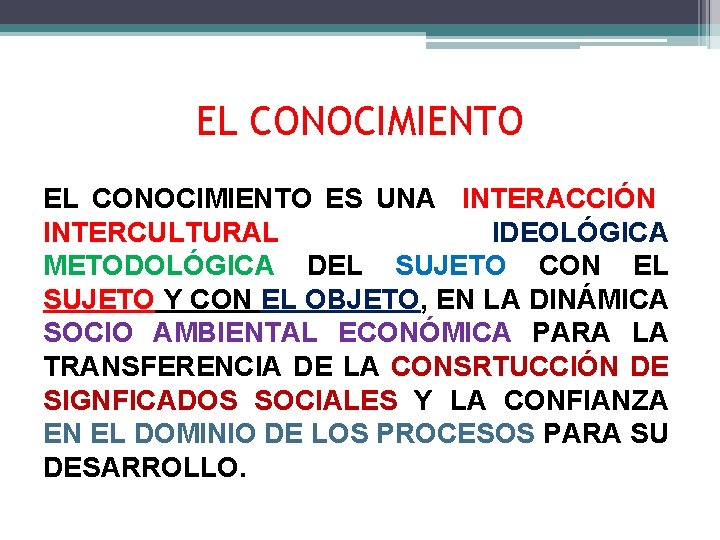 EL CONOCIMIENTO ES UNA INTERACCIÓN INTERCULTURAL IDEOLÓGICA METODOLÓGICA DEL SUJETO CON EL SUJETO Y