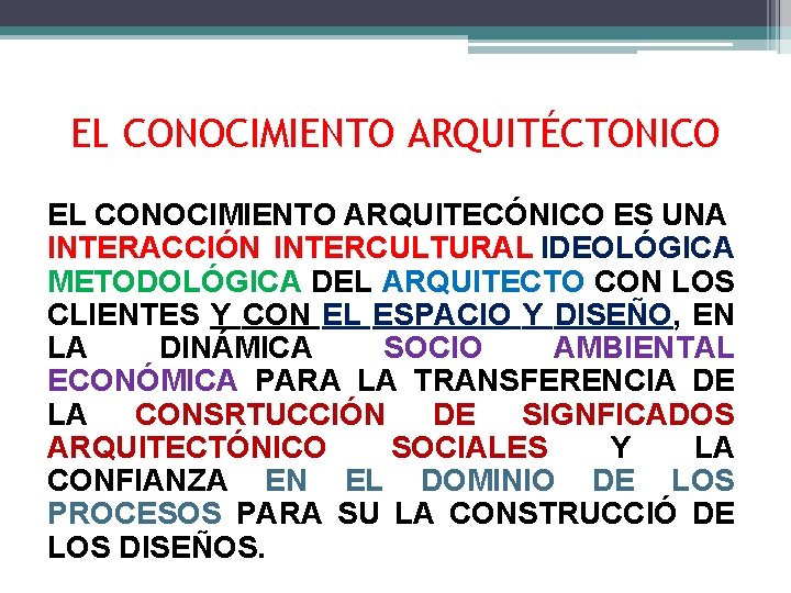 EL CONOCIMIENTO ARQUITÉCTONICO EL CONOCIMIENTO ARQUITECÓNICO ES UNA INTERACCIÓN INTERCULTURAL IDEOLÓGICA METODOLÓGICA DEL ARQUITECTO