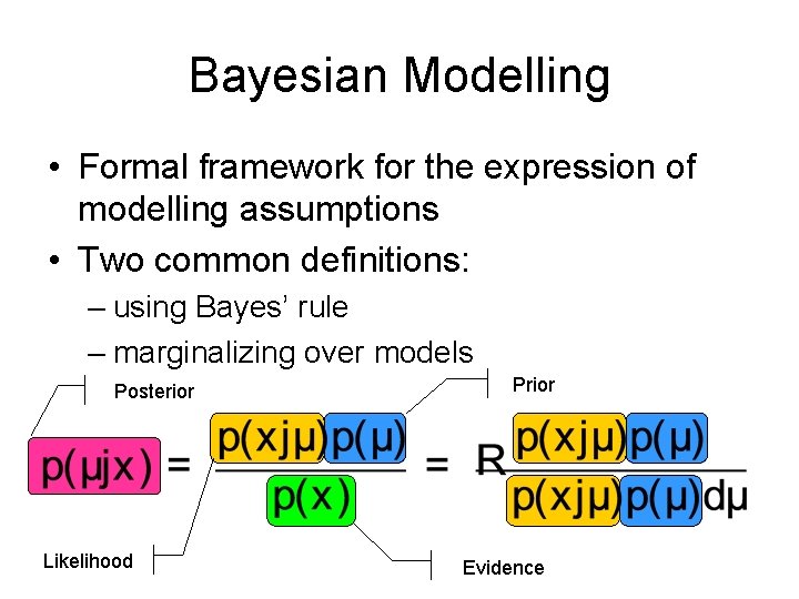 Bayesian Modelling • Formal framework for the expression of modelling assumptions • Two common