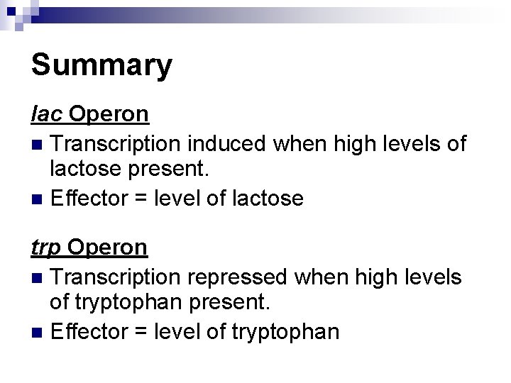 Summary lac Operon n Transcription induced when high levels of lactose present. n Effector