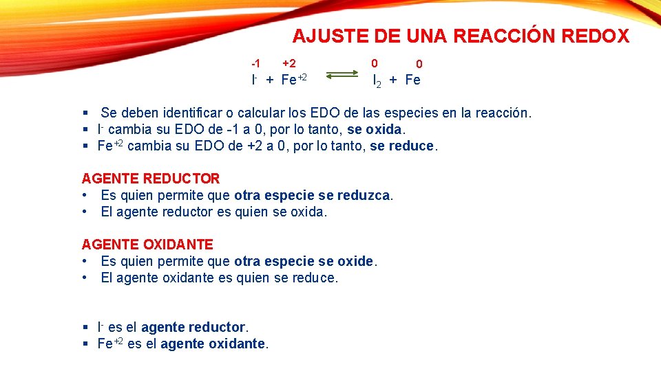 AJUSTE DE UNA REACCIÓN REDOX -1 +2 I- + Fe+2 0 0 I 2