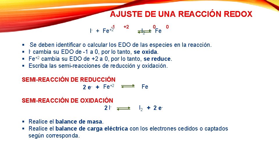 AJUSTE DE UNA REACCIÓN REDOX I- § § + -1 Fe+2 +2 0 I