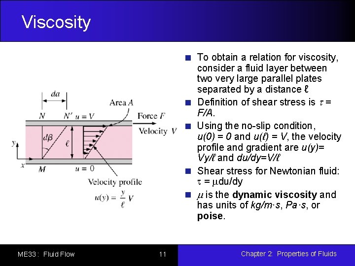 Viscosity To obtain a relation for viscosity, consider a fluid layer between two very