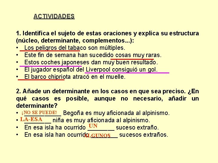 ACTIVIDADES 1. Identifica el sujeto de estas oraciones y explica su estructura (núcleo, determinante,