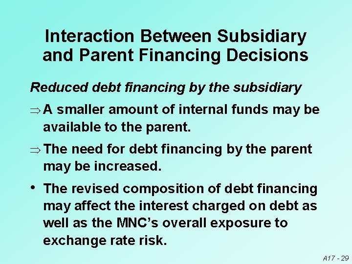 Interaction Between Subsidiary and Parent Financing Decisions Reduced debt financing by the subsidiary ÞA