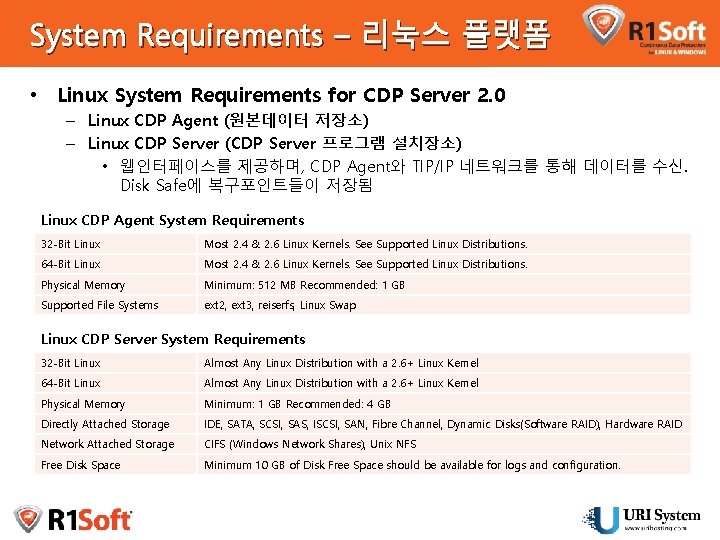 System Requirements – 리눅스 플랫폼 • Linux System Requirements for CDP Server 2. 0