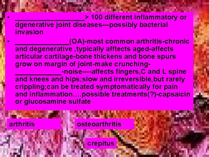 • _________> 100 different inflammatory or dgenerative joint diseases---possibly bacterial invasion • _______(OA)-most • _________> 100 different inflammatory or dgenerative joint diseases---possibly bacterial invasion • _______(OA)-most