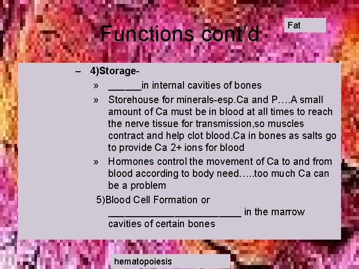 Functions cont’d Fat – 4)Storage» ______in internal cavities of bones » Storehouse for minerals-esp. Functions cont’d Fat – 4)Storage» ______in internal cavities of bones » Storehouse for minerals-esp.