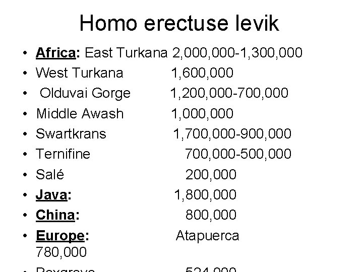 Homo erectuse levik • • • Africa: East Turkana 2, 000 -1, 300, 000