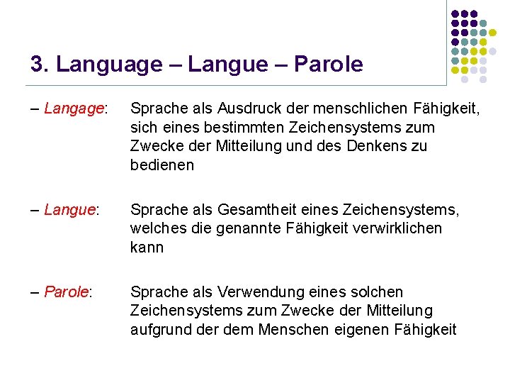 3. Language – Langue – Parole – Langage: Sprache als Ausdruck der menschlichen Fähigkeit,
