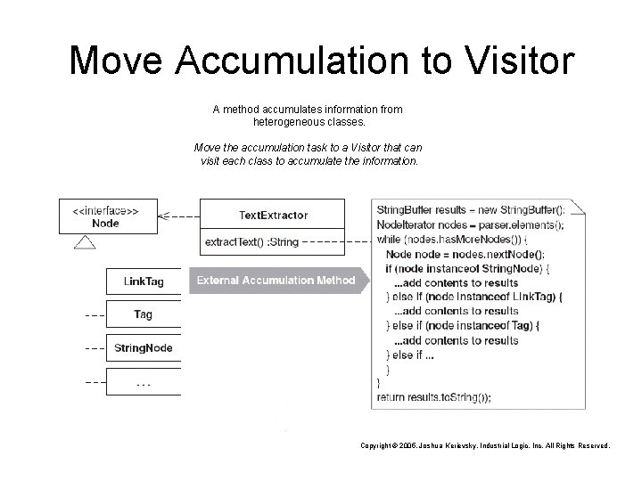 Move Accumulation to Visitor A method accumulates information from heterogeneous classes. Move the accumulation