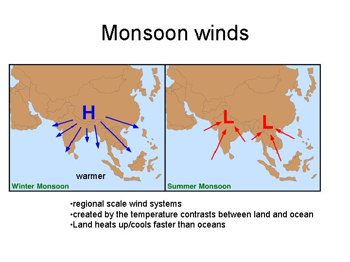 Monsoon winds warmer • regional scale wind systems • created by the temperature contrasts