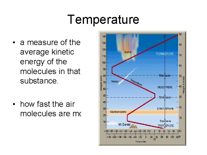 Temperature • a measure of the average kinetic energy of the molecules in that