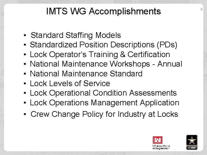 IMTS WG Accomplishments • • • Standard Staffing Models Standardized Position Descriptions (PDs) Lock